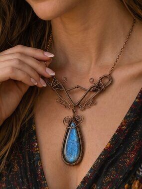 Blue Flash Labradorite Copper Wire Wrap Witchy Whimsigoth Bib Necklace 14.5in